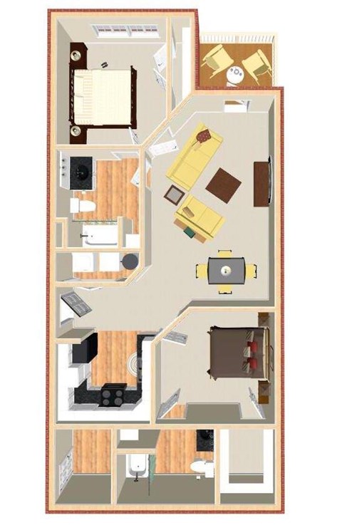 Floor plan for 2 beds, 2 baths, 974 sqft